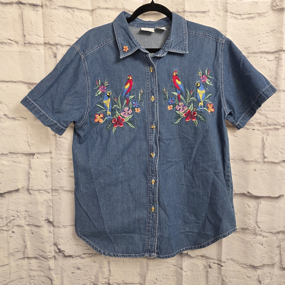 Bobbie Brooks Blue Button Down Shirt with Parrot Embroidery